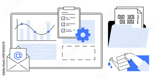 Digital workflow, data analysis, project management, information storage, email communication, cybersecurity. Charts, clipboard folder and email icons. Data analysis and project management concept