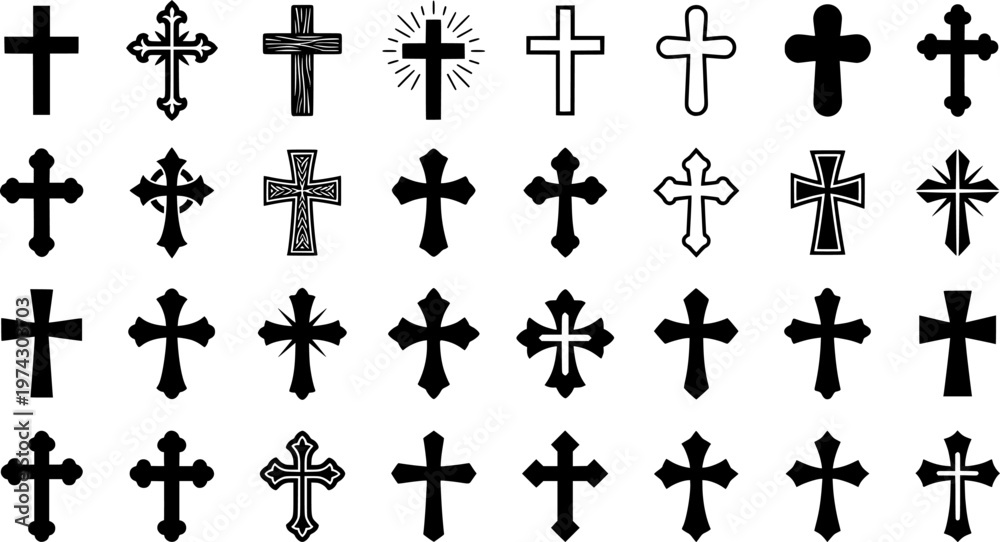 Fototapeta premium Diverse black crosses on gray background - nine unique religious symbols