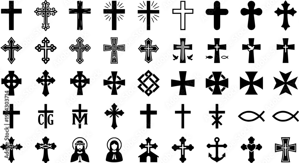Fototapeta premium Diverse black crosses on gray background - nine unique religious symbols 
