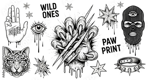 Collection of Black and White Tattoo Flash Illustrations Featuring Wild Animal Claw, Cat Head, Skull, and Symbolic Icons