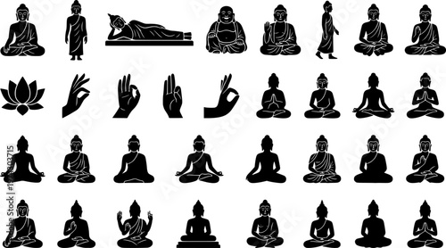 Diverse buddha figures in various poses on a gray background
