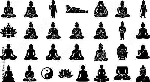 Diverse buddha figures in various poses on a gray background
