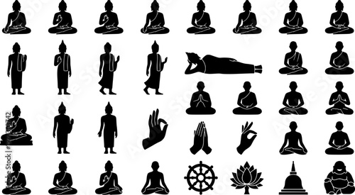 Diverse buddha figures in various poses on a gray background
