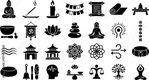 Minimalist buddhist symbols: candle, incense, buddha, scroll, meditation icons
