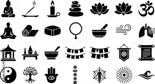 Minimalist buddhist symbols: candle, incense, buddha, scroll, meditation icons
