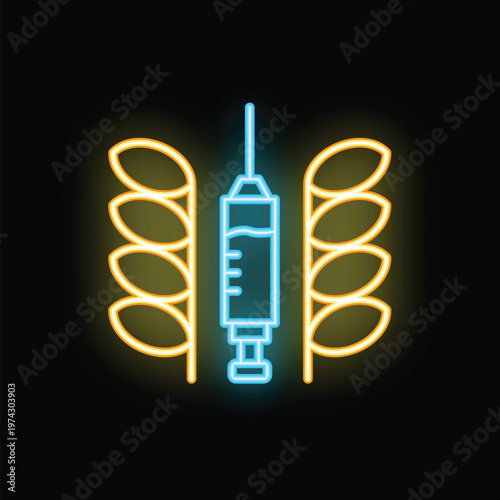 Neon icon representing the concept of gmos in food production with a syringe injecting a substance into wheat