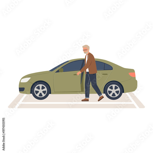 Man walking next to parked car in parking lot with vehicle