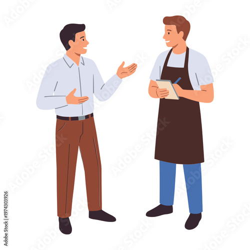Two men discussing food order in a restaurant setting.
