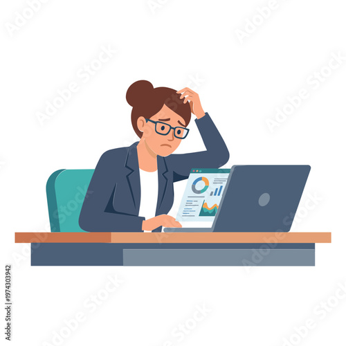 A frustrated businesswoman sits at her desk working on a laptop and holding a chart