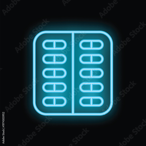 Blue neon sign representing a blister pack with capsules on a black background