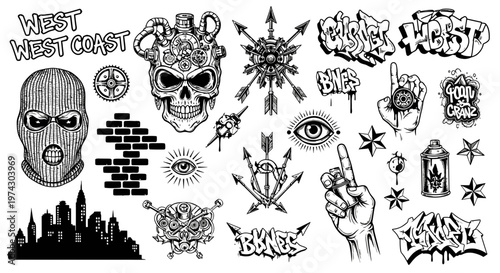 Monochrome Urban Street Art and Tattoo Flash Vector Illustrations Featuring Skulls, Balaclava, Graffiti Text, and Symbolic Elements