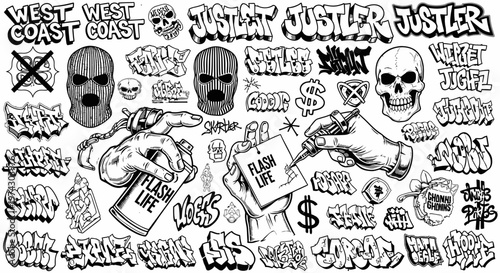 Urban Graffiti and Street Art Style Elements Including Skulls, Balaclavas, Spray Paint, and Tattoo Flash Art Collage