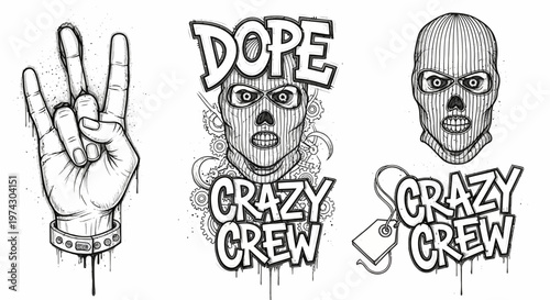 Urban Street Art Collection featuring Graffiti Masks Hand Gestures and Dope Crazy Crew Typography Illustration