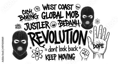 Urban Graffiti Art Composition Featuring Revolution Text Balaclavas and Protest Symbols in a Black and White Sketch Style
