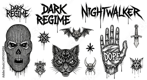 Gothic Streetwear Tattoo Flash Set with Skull Balaclava, Bat, Aggressive Metal Typography, and Dark Underground Graphic Elements