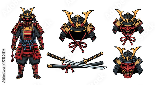 Japanese Samurai Warrior Armor and Helmet Set with Katana Swords and Oni Mask Illustration Collection on White Background