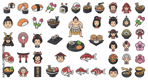 Collection of Japanese cultural icons and food including sushi, ramen, sumo wrestler, samurai, geisha, and cherry blossoms
