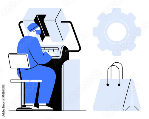Automation, consumer technology, e-commerce, industrial operations, retail innovation, human-machine interaction. Worker operating a machine console with gear and shopping bag icons. Automation