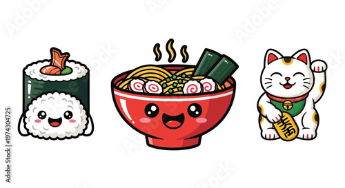 Cute Kawaii Style Japanese Icons Set Featuring Smiling Sushi Roll, Ramen Bowl, and Maneki-Neko Lucky Cat