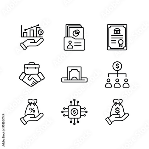 Financial investment and asset management line art icon set
