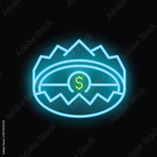 Neon sign showing a bear trap holding a dollar bill as bait