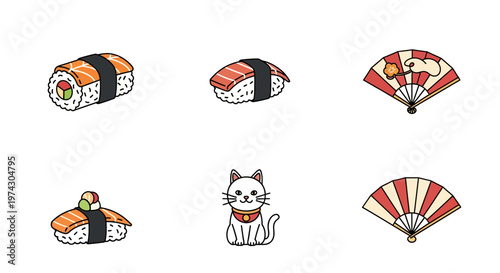Collection of Japanese Culture Icons Featuring Sushi Varieties Traditional Folding Fans and a Lucky Maneki Neko Cat