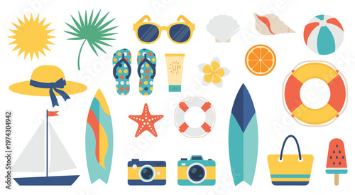Collection of summer vacation icons featuring sunglasses, sun hats, surfboards, beach balls, seashells, cameras, sunscreen, flip-flops, and other essentials for beach holidays.