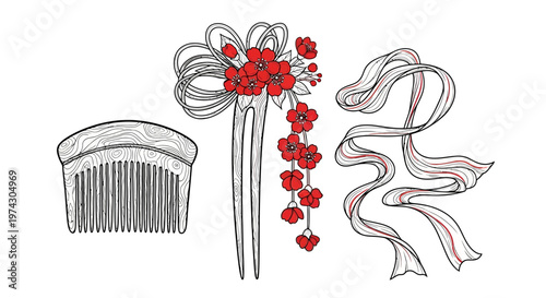 Traditional Japanese Hair Accessories Set with a Wooden Comb, Flowing Ribbon, and Red Sakura Kanzashi Hairpin Illustration