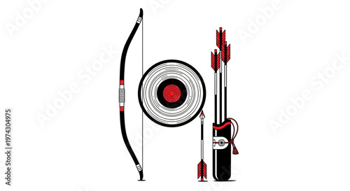 Traditional Archery Equipment Set with Bow Arrows Quiver and Bullseye Target in Minimalist Black and Red Design