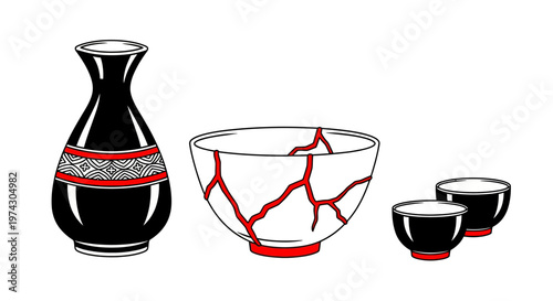 Japanese Ceramic Set with Kintsugi Style Broken Bowl Sake Bottle and Cups Vector Illustration on White Background