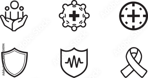 Healthcare and Medical Protection Icon Set with Shield Life Support and Awareness Ribbon Symbols
