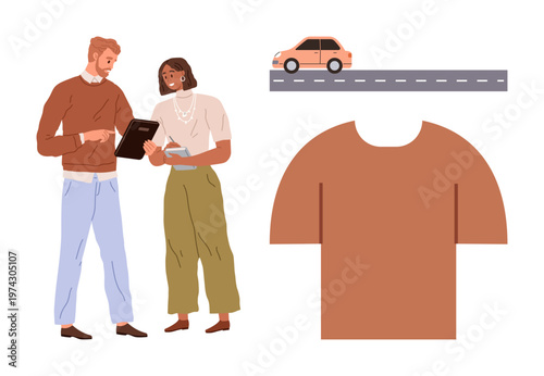 Teamwork, product design, consulting, travel, fashion branding, and communication. Two people reviewing a document, a car on a road and a blank t-shirt. Teamwork and product design concept
