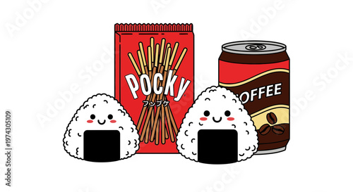 Cute kawaii illustration of Japanese snacks including two smiling onigiri rice balls, a Pocky bag, and canned coffee.