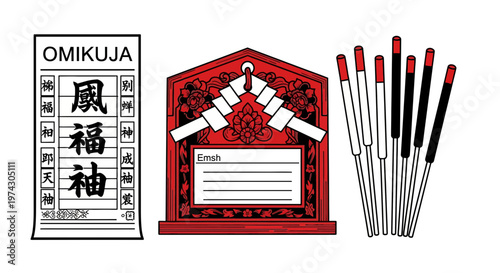 Japanese Cultural Fortune and Prayer Items Including Omikuji Paper, Red Ema Plaque, and Ritual Incense Sticks on White Background