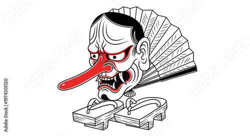 Traditional Japanese Tengu Mask Illustration with Long Red Nose Folding Fan and Geta Sandals on White Background