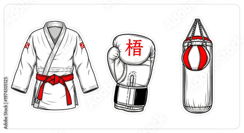 Set of Martial Arts and Boxing Stickers Featuring a White Karate Gi Red Belt Boxing Glove and Punching Bag