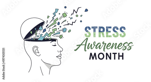 Stylized vector illustration for Stress Awareness Month featuring a head with an open top releasing geometric shapes, beside the text 'Stress Awareness Month', all set against a clean white