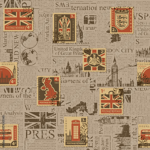 Vector seamless pattern on UK and London theme with postage stamps and postmarks on the background of newspaper in retro style. Suitable for wallpaper, wrapping paper or fabric