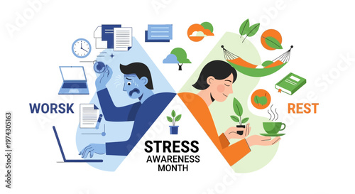Conceptual vector illustration for Stress Awareness Month depicting a split scene of work burnout versus relaxation, showing a stressed individual at a desk and a relaxed person