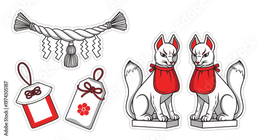 Set of Traditional Japanese Shinto Shrine Symbols Including Kitsune Fox Statues, Omamori Lucky Charms, and Shimenawa Sacred Rope