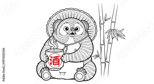 Japanese Tanuki Raccoon Dog Illustration Holding a Sake Cup with Bamboo Background in Traditional Line Art Style