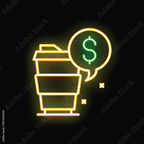 Glowing neon sign representing the concept of coffee price, cost, and expense with a takeaway cup and a dollar symbol