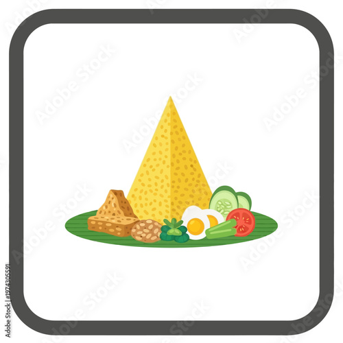 Traditional Indonesian Nasi Tumpeng, a festive conical rice dish with side accompaniments like tempeh, egg, and vegetables, ideal for cultural celebrations and special meals
