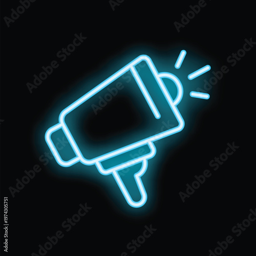 Blue neon megaphone shining in the dark, perfect for representing concepts like public relations or marketing