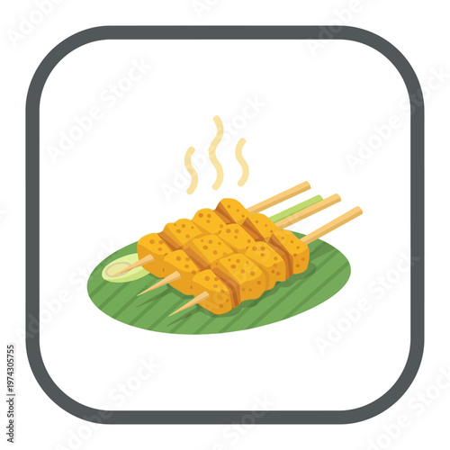 Mouthwatering grilled chicken satay skewers served on a banana leaf with cucumber, a flavorful Asian lunch or appetizer
