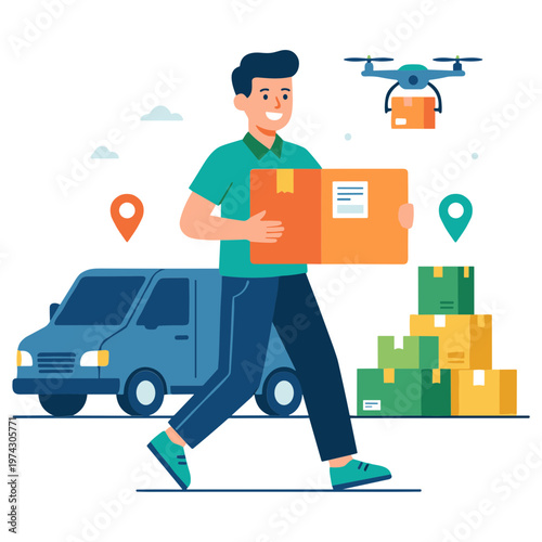 A man walks with a box while a drone flies overhead near a van and stacked boxes.