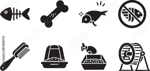 Pet Care and Cat Accessory Icon Set with Fish Bone Litter Box and Hamster Wheel Symbols