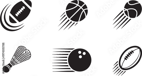 Sports Ball Motion Icon Set with Flying Football Basketball and Bowling Ball Action Silhouettes