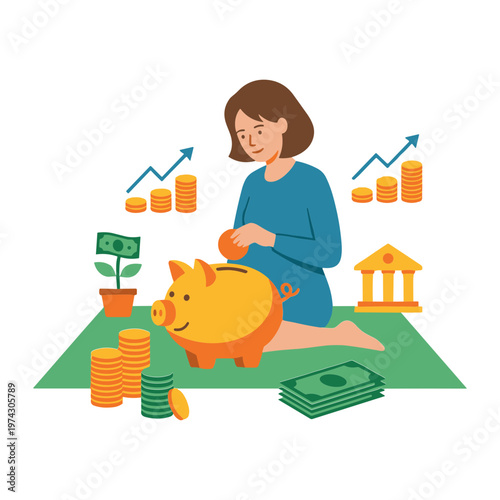 Woman saving money with piggy bank and growing plant at home indoors