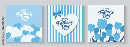 Set of Father's Day greeting cards with Light blue Argyle pattern. Father's Day poster in modern style With blue ribbons, flowers, Tulips and heart. 